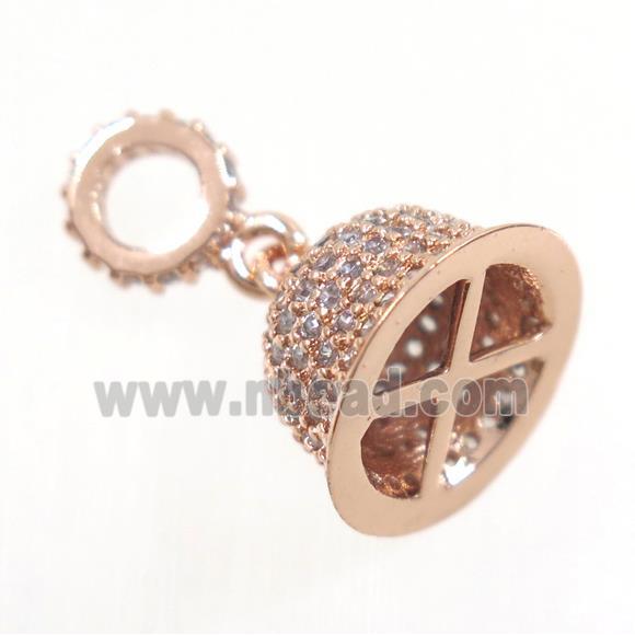 copper Bell pendant paved zircon, tassel bail, rose gold