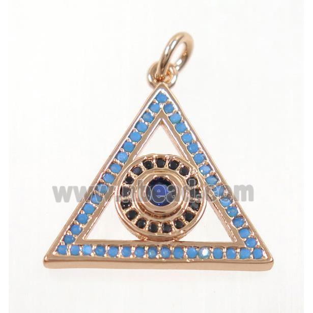 copper Triangle pendant paved zircon with evil eye, rose gold