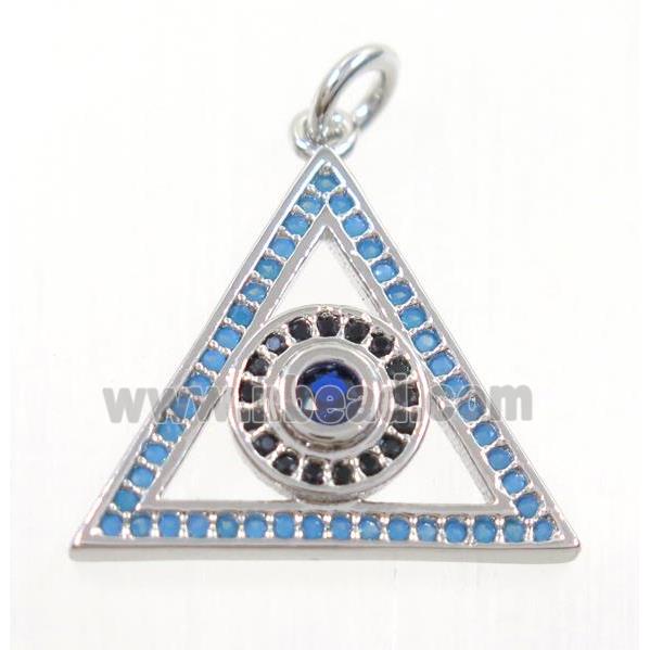 copper Triangle pendant paved zircon with evil eye, platinum plated