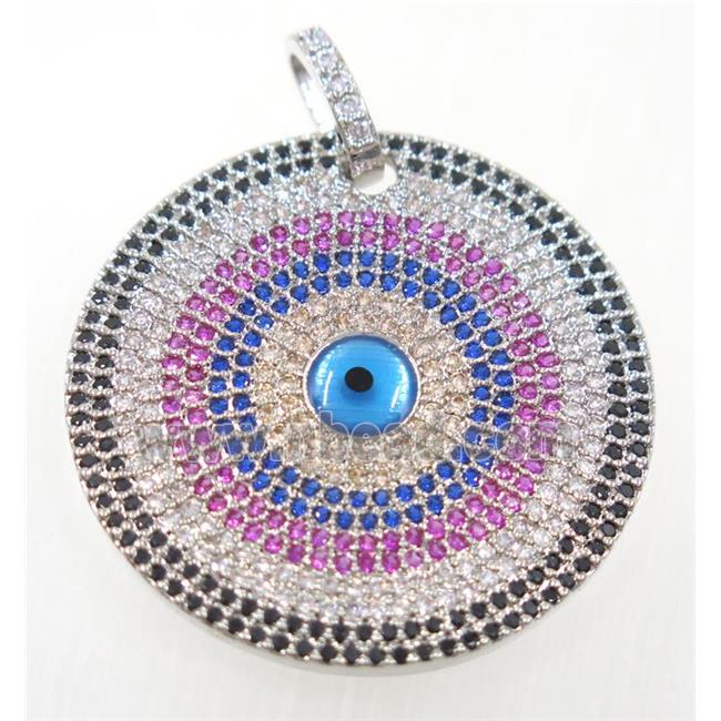 copper circle pendant paved zircon with evil eye, platinum plated