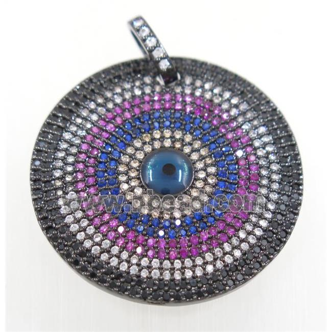 copper circle pendant paved zircon with evil eye, black plated