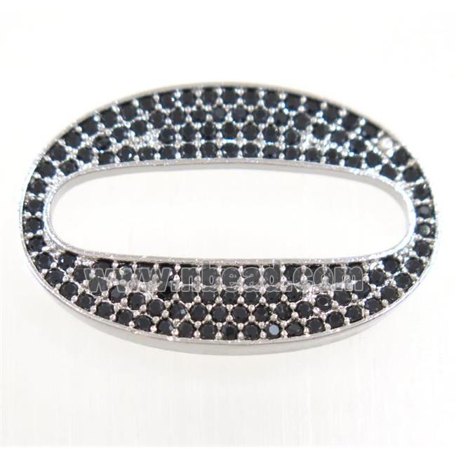 copper oval connector paved black zircon, platinum plated