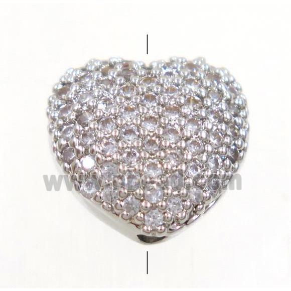 copper heart beads paved zircon, platinum plated