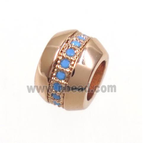 copper rondelle beads paved zircon, turq, rose gold