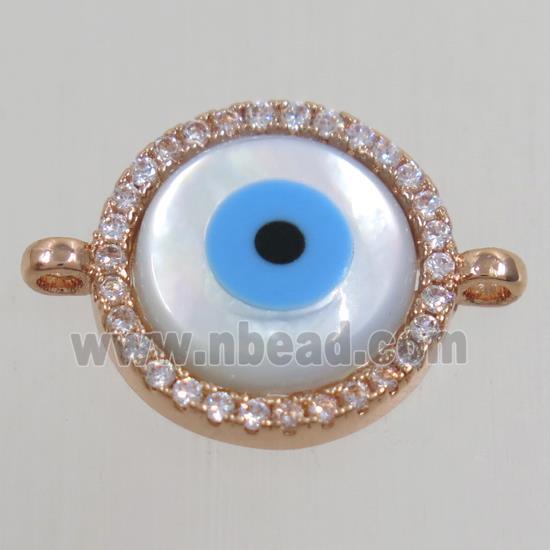copper circle connector paved zircon with evil eye, rose gold