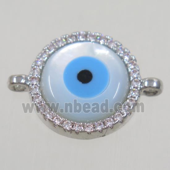 copper circle connector paved zircon with evil eye, platinum plated