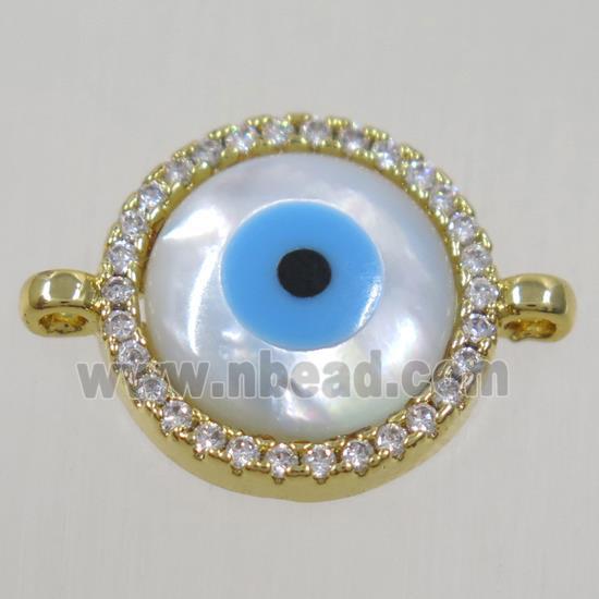 copper circle connector paved zircon with evil eye, gold plated