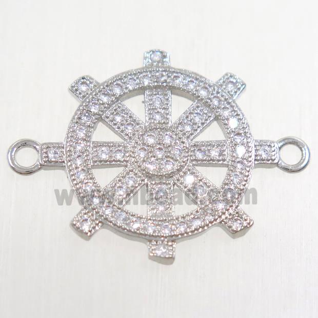 copper ship helm connector paved zircon, platinum plated