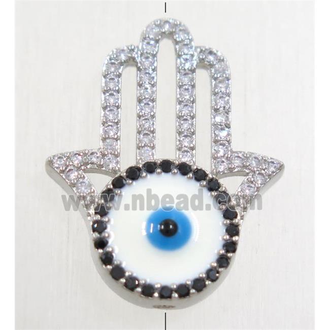 copper hamsahand beads paved zircon with evil eye, platinum plated