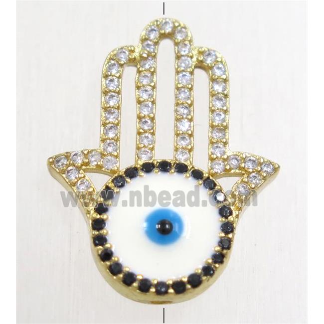 copper hamsahand beads paved zircon with evil eye, gold plated