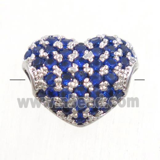 European style copper heart beads paved blue zircon, platinum plated