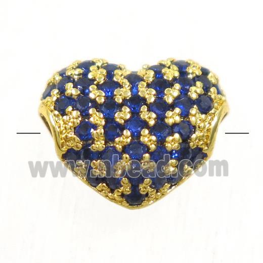 European style copper heart beads paved blue zircon, gold plated