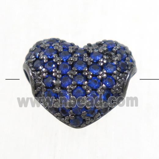 European style copper heart beads paved blue zircon, black plated