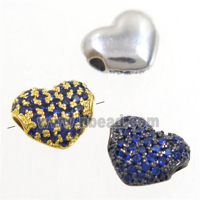 European style copper heart beads paved blue zircon, mix color