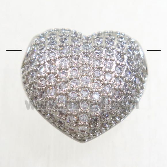 copper heart beads paved zircon, platinum plated