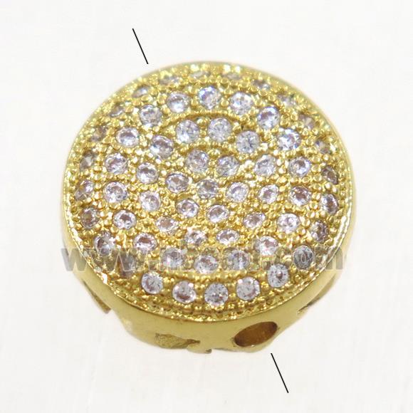 copper flat-round beads paved zircon, gold plated
