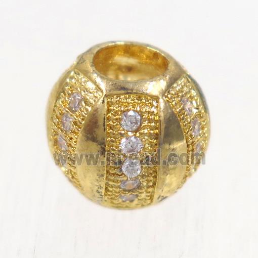 European style copper barrel beads paved zircon, gold plated
