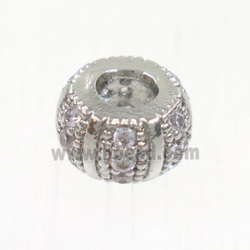 European style copper beads paved zircon, rondelle, platinum plated
