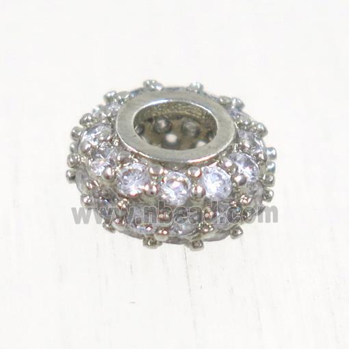 European style copper beads paved zircon, rondelle, platinum plated