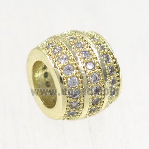 European style copper beads paved zircon, barrel, gold plated