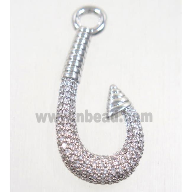 copper fishhook pendant paved zircon, platinum plated