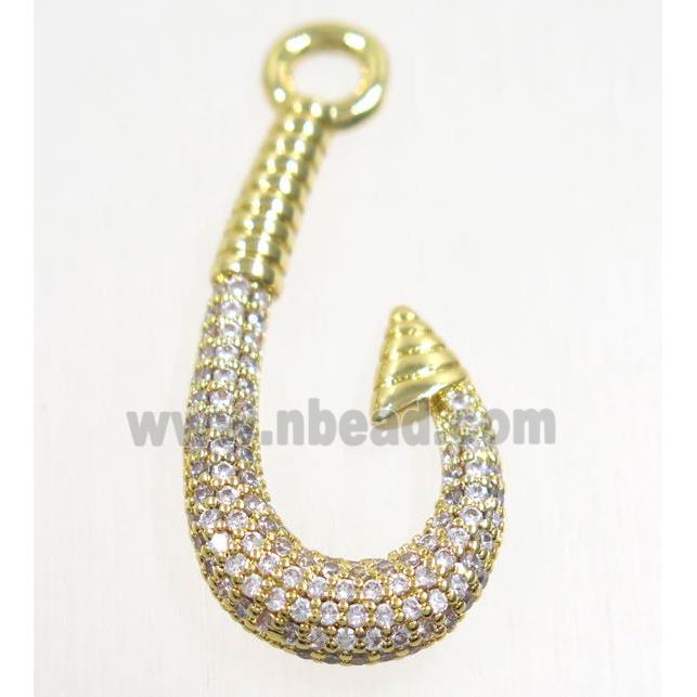 copper fishhook pendant paved zircon, gold plated