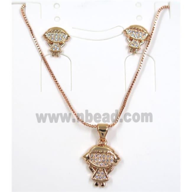 Jelwelry set, copper necklace earring pave zircon, kids, rose gold