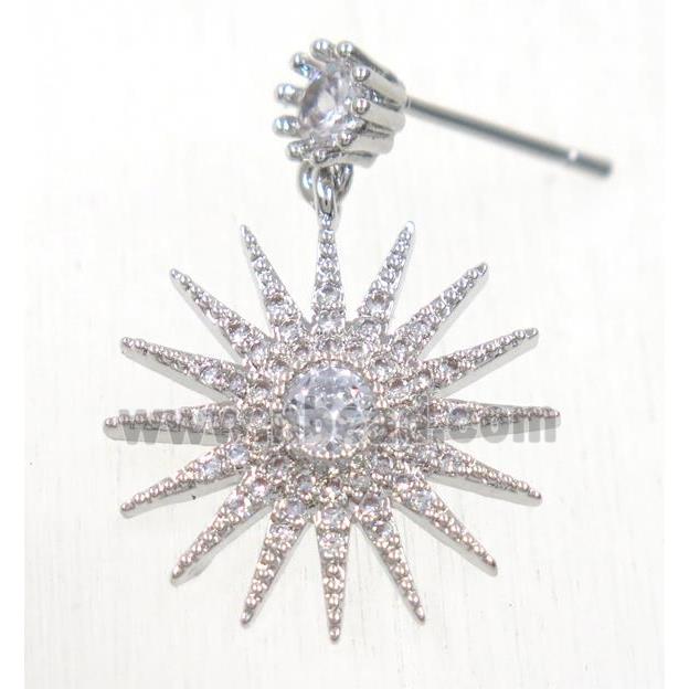 copper starburst earring studs paved zircon, platinum plated