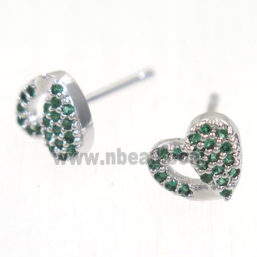 copper Heart earring studs paved zircon, platinum plated