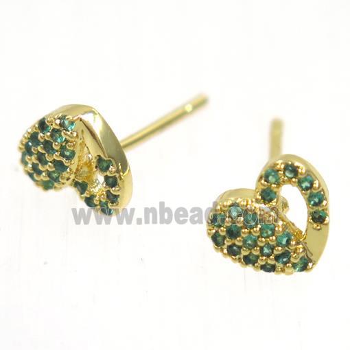 copper Heart earring studs paved zircon, gold plated