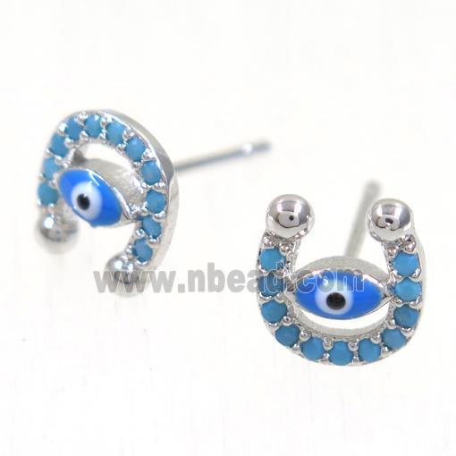 copper evil eye earring studs paved zircon, U-shape, platinum plated