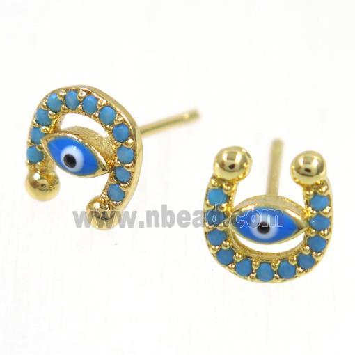 copper evil eye earring studs paved zircon, U-shape, gold plated