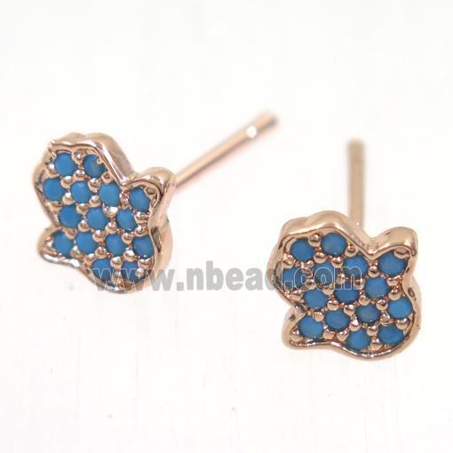 copper hamsahand earring studs paved zircon, rose gold