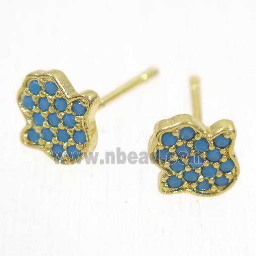 copper hamsahand earring studs paved zircon, gold plated