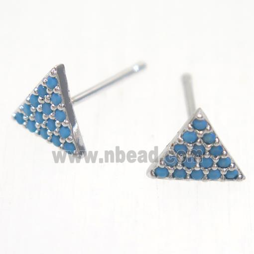 copper triangle earring studs paved zircon, platinum plated