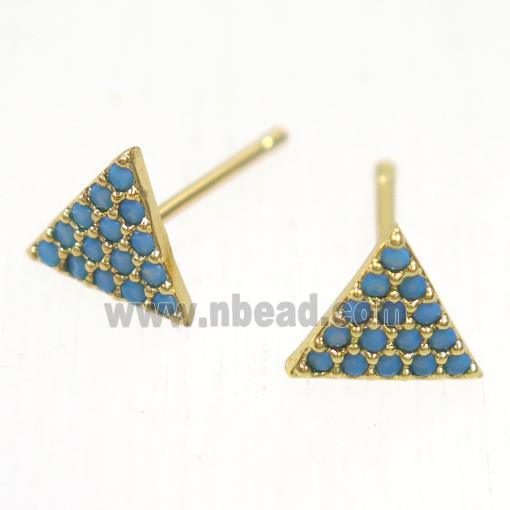 copper triangle earring studs paved zircon, gold plated