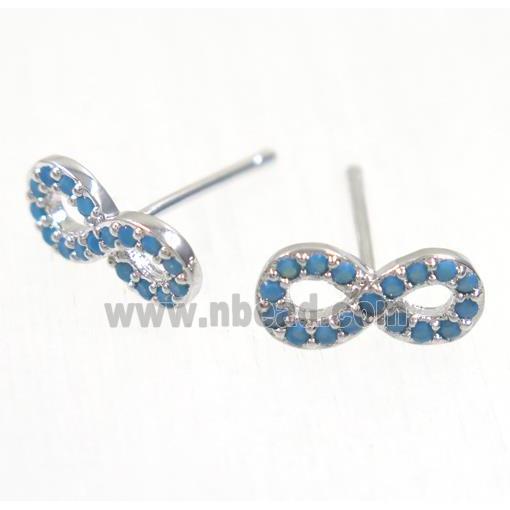 copper infinity earring studs paved zircon, platinum plated