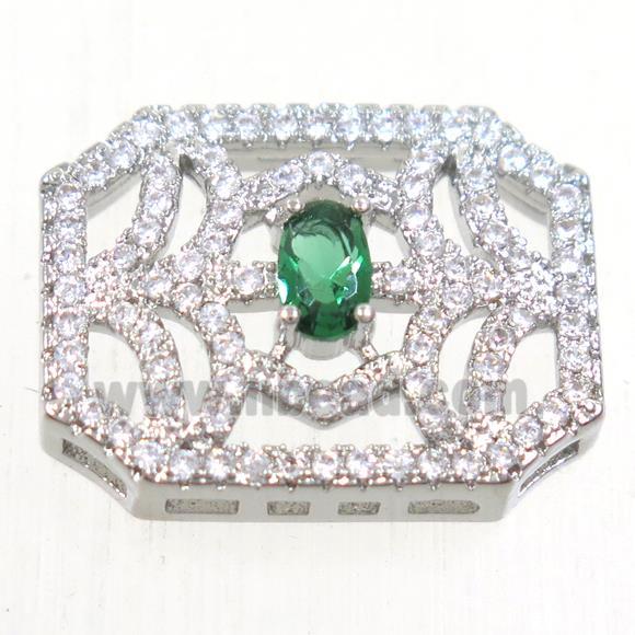 copper rectangle connector paved green zircon, platinum plated