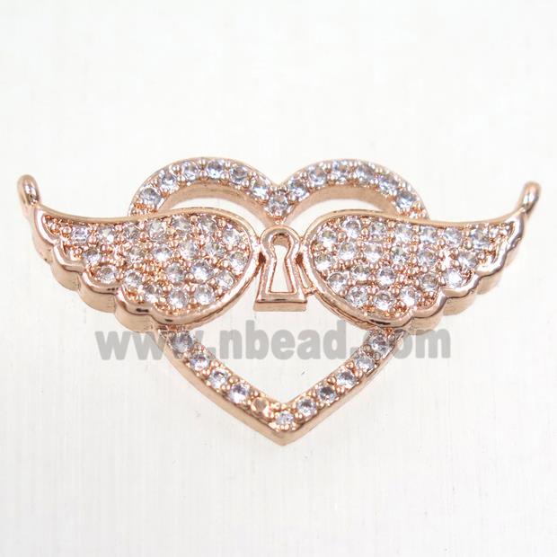 copper pendants paved zircon with 2loops, angel wings, rose gold