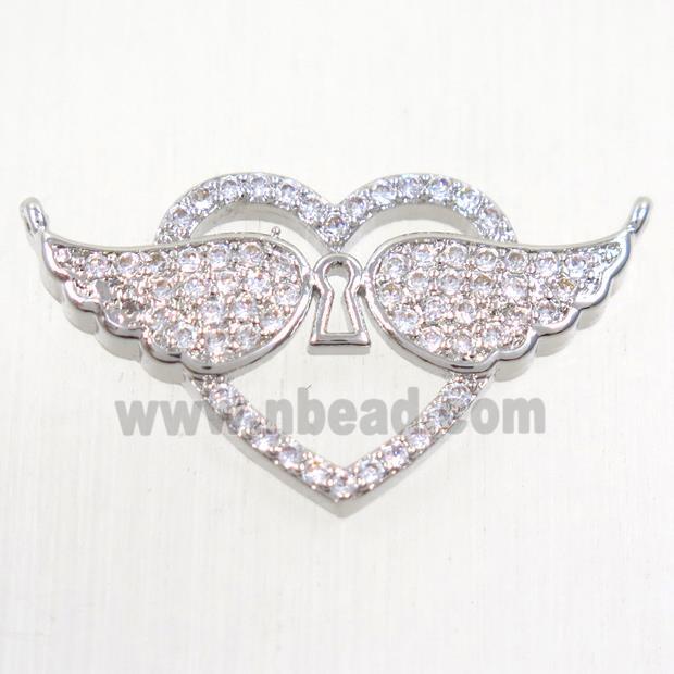 copper pendants paved zircon with 2loops, angel wings, platinum plated