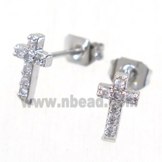 copper cross earring studs paved zircon, platinum plated