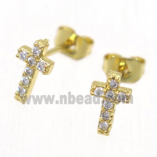 copper cross earring studs paved zircon, gold plated
