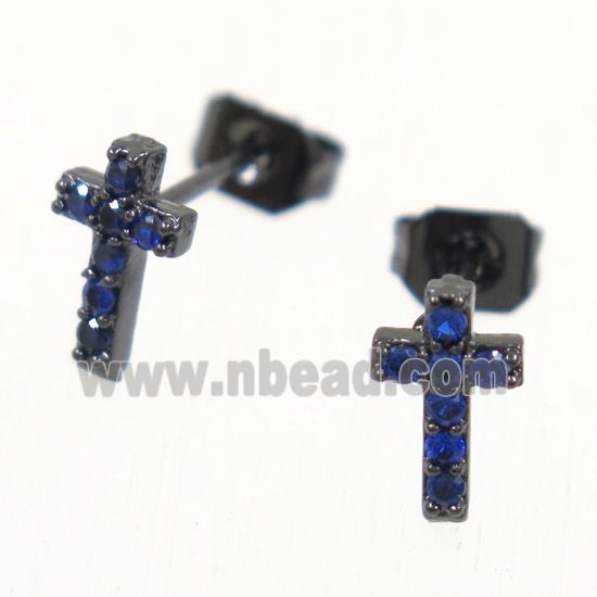 copper cross earring studs paved zircon, black plated