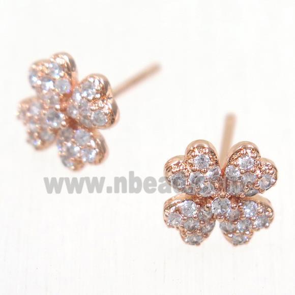 copper clover earring studs paved zircon, rose gold