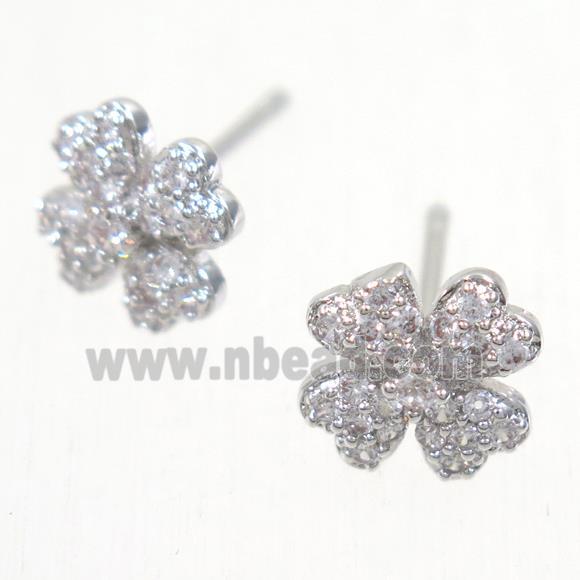 copper clover earring studs paved zircon, platinum plated