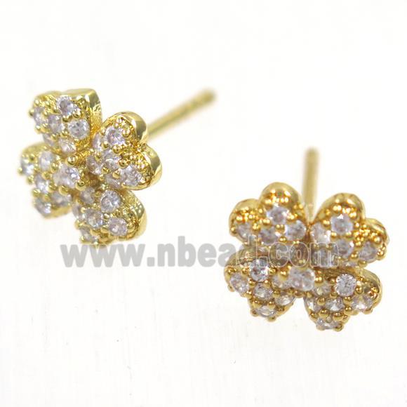 copper clover earring studs paved zircon, gold plated