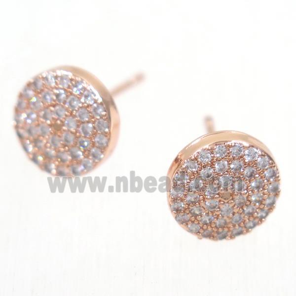 copper circle earring studs paved zircon, rose gold