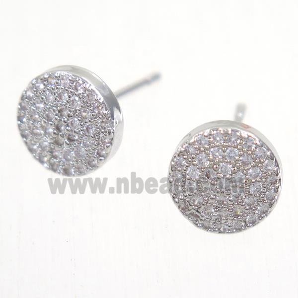 copper circle earring studs paved zircon, platinum plated