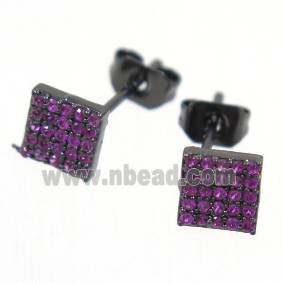 copper square earring studs paved hotpink zircon, black plated