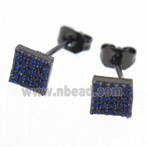 copper square earring studs paved blue zircon, black plated